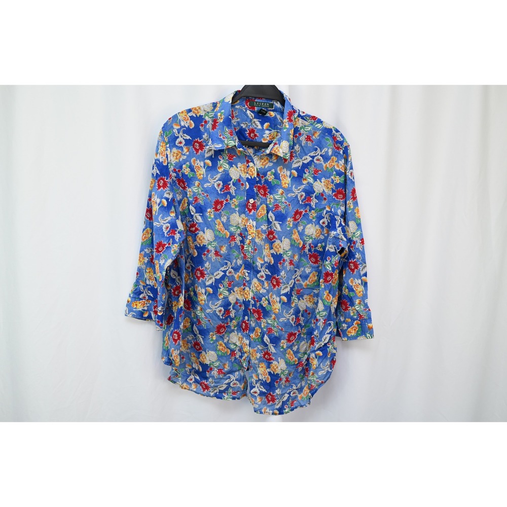 Lauren Ralph Lauren Blue Floral Button Down Shirt 3/4 Sleeve Cotton Plus Size 2X